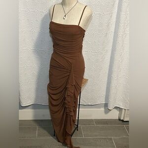 Chic Brown Ruched Midi Dress